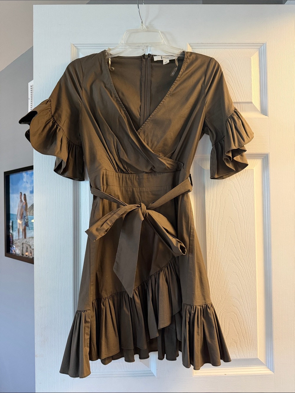 Ruffle Wrap Mini Dress in Olive Brown with Tie Waist